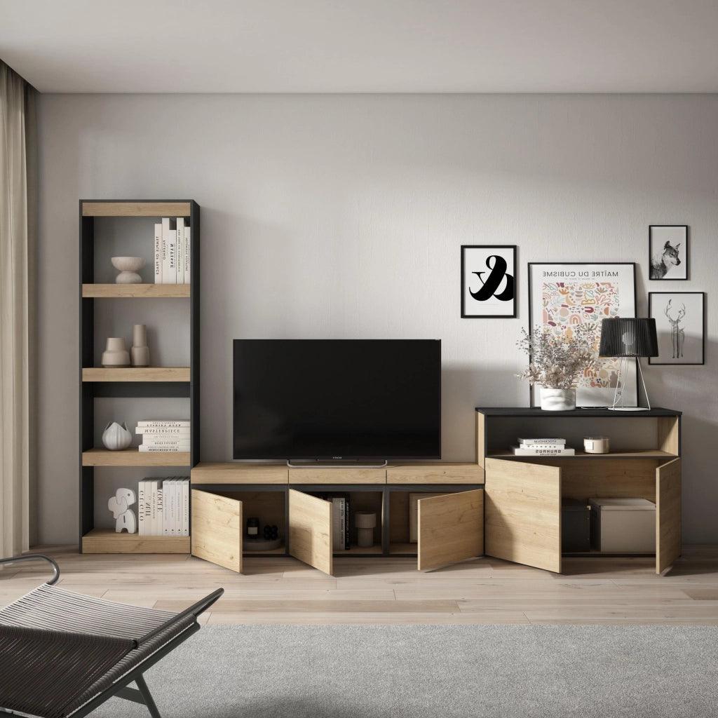 Mobile TV, Soggiorno, 310x35x186cm, Per TV fino a 65", Set di mobili, colore Rovere e nero RF3152