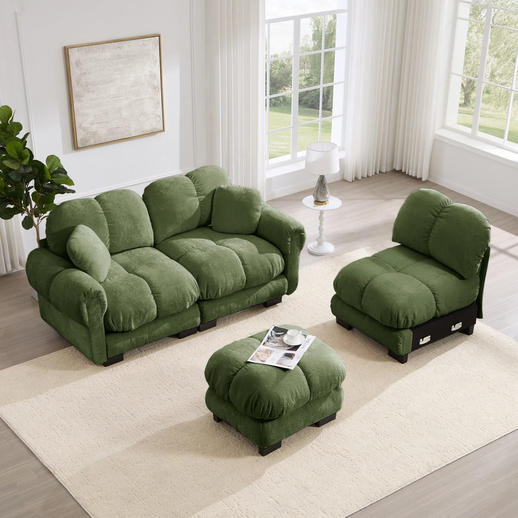 Divano angolare modulare in chenille con cuscini mobili e seduta imbottita, verde per soggiorno 260 × 149 × 90 cm