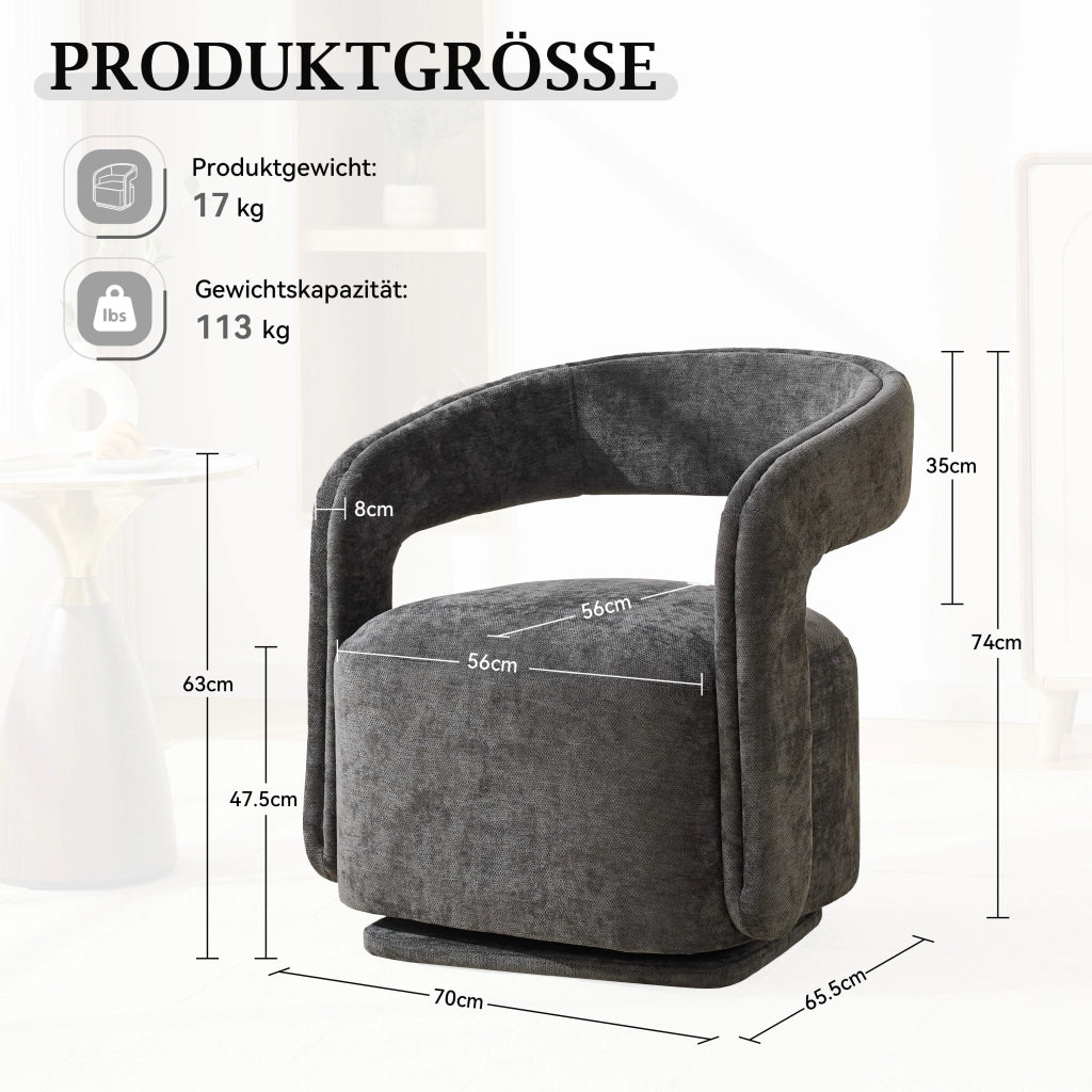 Poltrona girevole 360° in chenille scuro, design Barrel Chair, struttura in legno, 70x65,5x74 cm