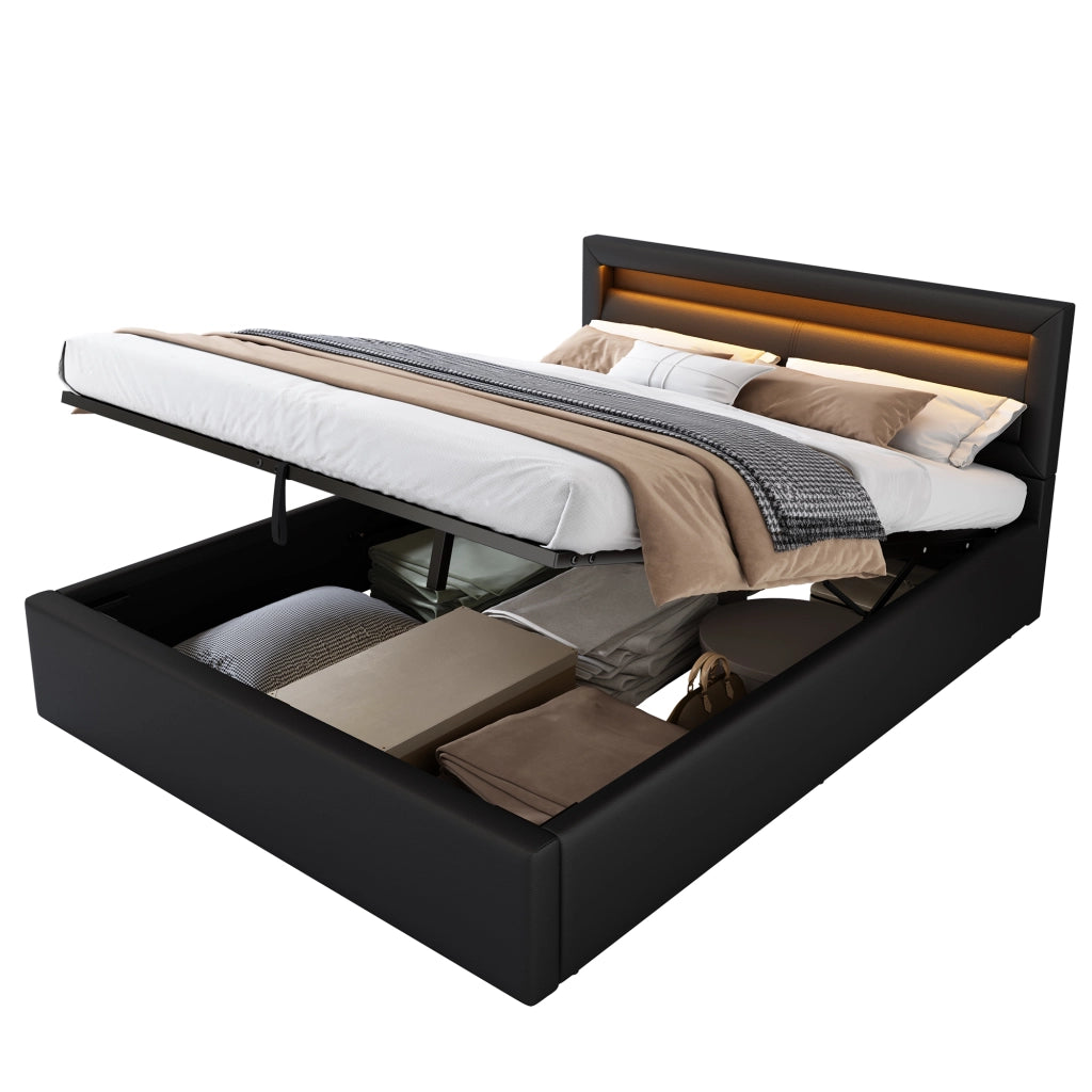 OKWISH Letto Contenitore 140×190 cm, Letto Matrimoniale con Contenitore, LED e Testiera, senza Materasso, in PU, Nero