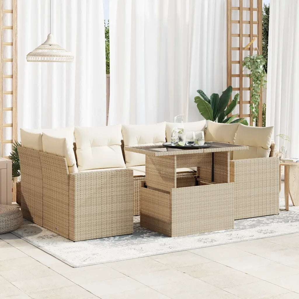 Set Divani da Giardino 7 pz con Cuscini Beige in Polyrattan