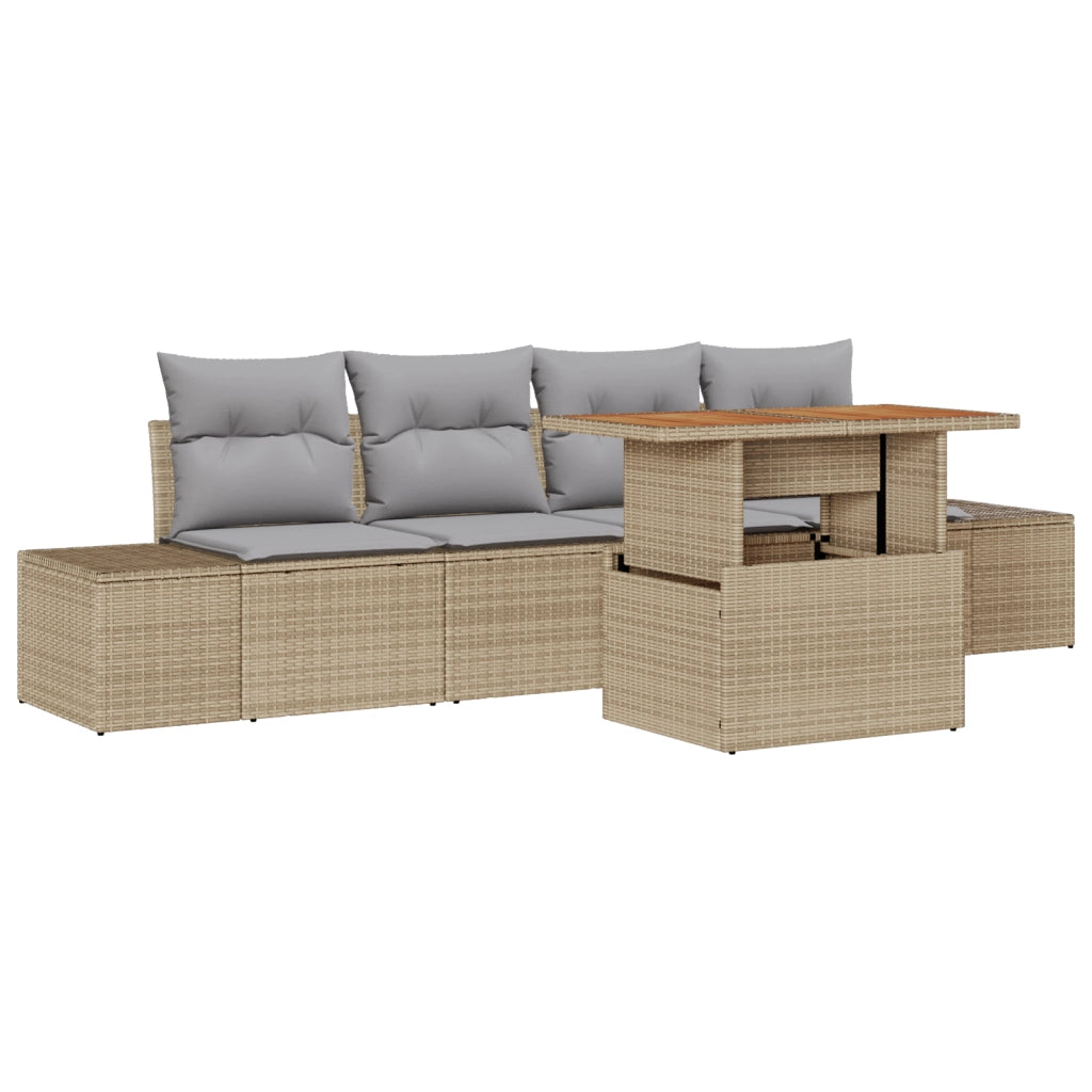 Set da pranzo da giardino 5 pezzi con cuscini Beige in Rattan Polirattan Acacia
