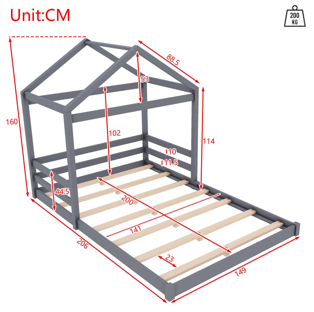 Letto per bambini a forma di casa 140x200 cm con rete a doghe; legno di pino e MDF grigio