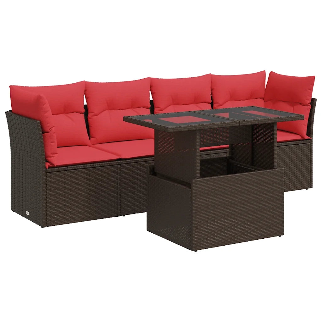 Set Divano da Giardino 5 pz Cuscini Marrone Polyrattan e Acacia
