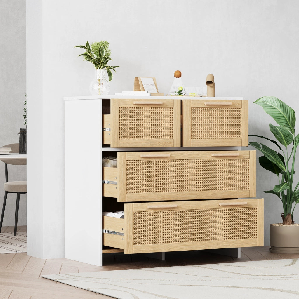 Cassettiera in rattan naturale a 4 cassetti con struttura in MDF, 80¡Á80¡Á38 cm, colore naturale e bianco