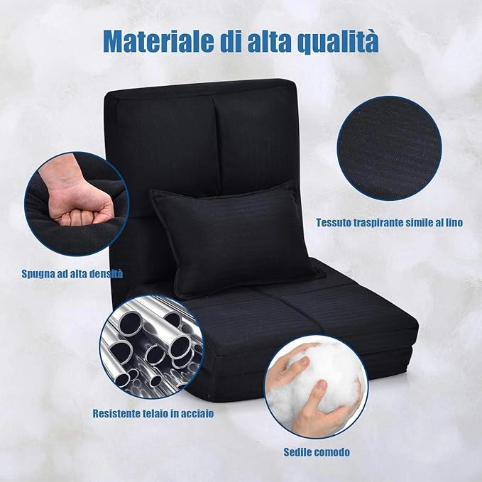 Sedia Pieghevole da Pavimento Portatile, 5 Angoli Regolabile, Cuscino da Seduta con Cuscino per la Schiena, Ideale per Soggiorno Camera da Letto (Nero)