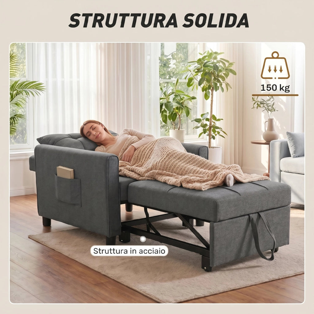 Poltrona Letto Singolo 69x82x85 cm con Schienale Reclinabile in Tessuto Effetto Lino e Legno Grigio