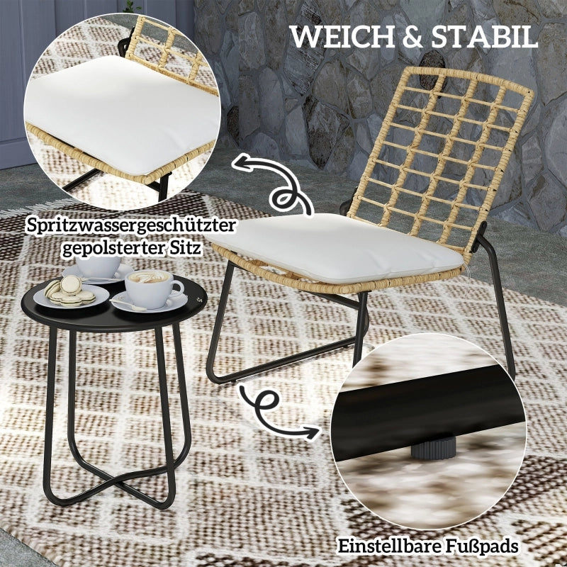 SET 3 PEZZI Salotto da balcone in rattan beige con sedie impilabili e tavolino