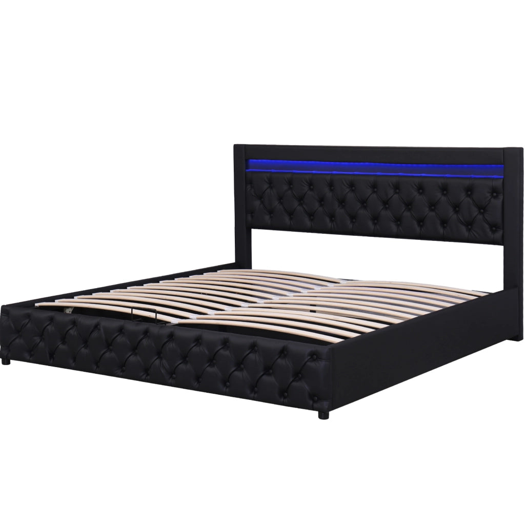 Letto imbottito 160x200 cm; con LED e contenitore; PU nero (Senza materasso)