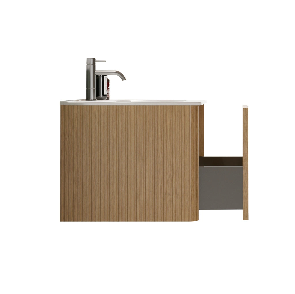 Mobile sottolavabo ULEVR 80 cm con lavabo in solid surface, cassetti push-to-open e finitura rovere