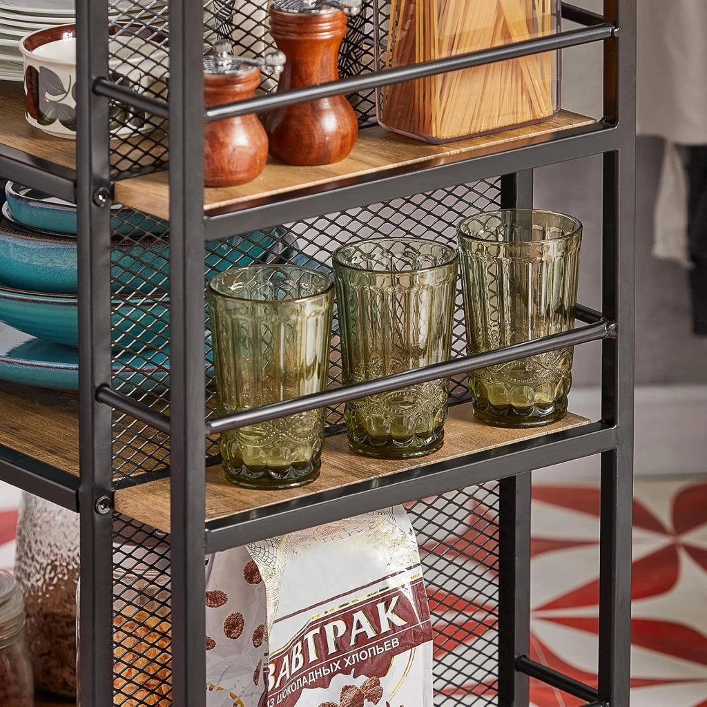 Carrello Cucina con Ruote, Mobiletto Cucina Salvaspazio con 1 Cassetto, 3 Ripiani e Ripiani Laterali, Credenza Cucina o Bagno, Mobiletto Cucina Dispensa Stile Vintage 50 x 37 x 87 cm FKW99-N
