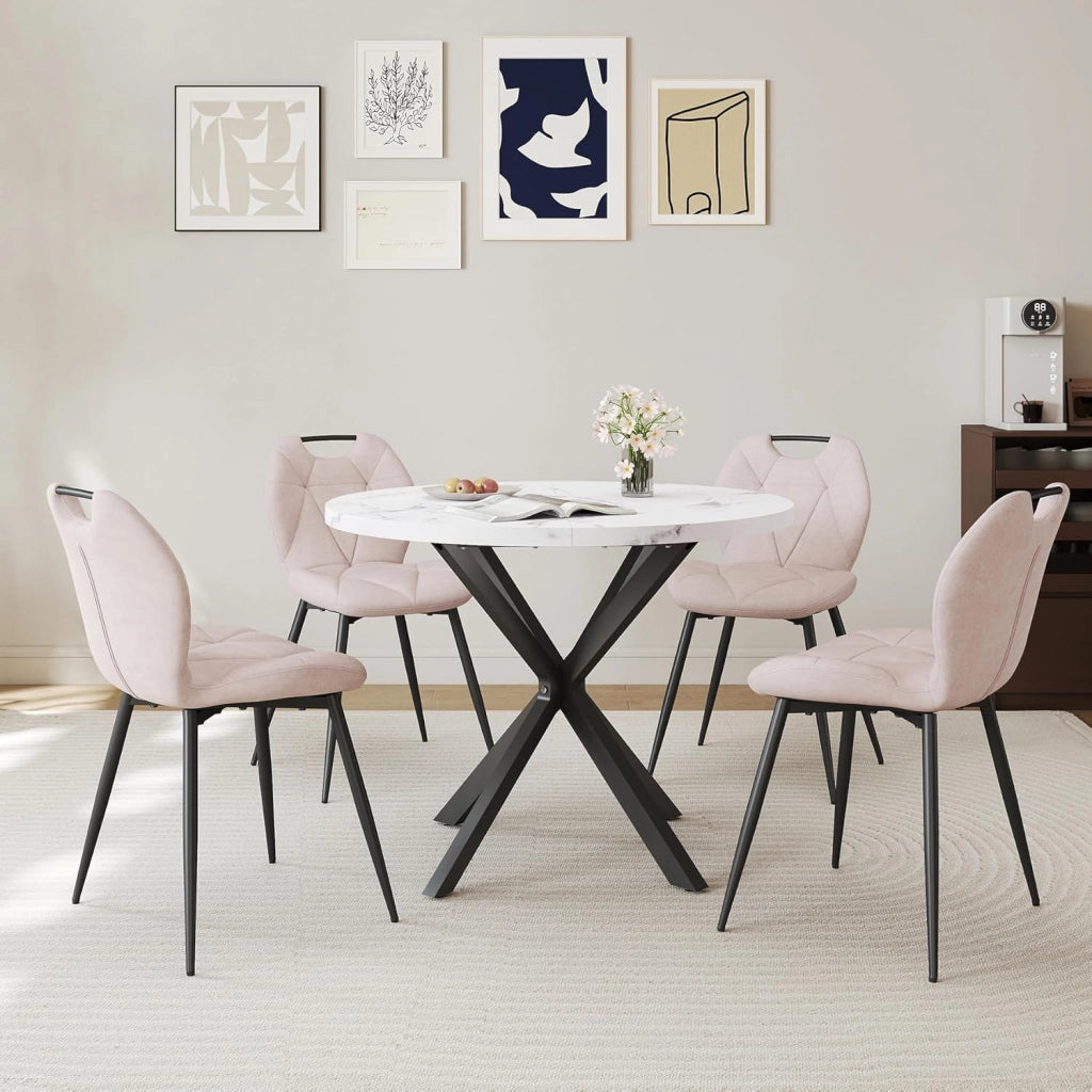 GrandCA HOME Set da 5 Pezzi Tavolo e Sedie da Pranzo, Tavolo Rotondo da 100 cm con 4 Sedie Imbottite Moderne, Adatto Per Sale da Pranzo e Cucine Soggiorno (Motivo Marmo+ Beige)