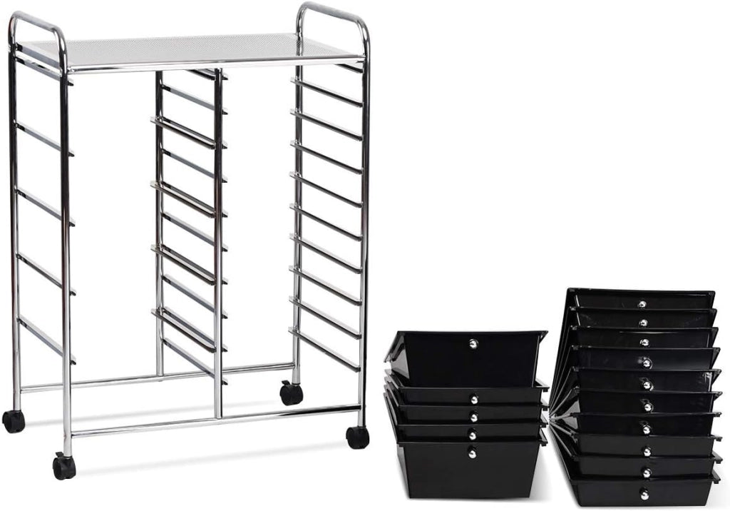 Carrello con 15 Cassetti Impilabili, Carrello di Stoccaggio con Ruote, Carello Portaoggetti per Casa e Ufficio, 62,5 x 37 x 87 cm (Nero)