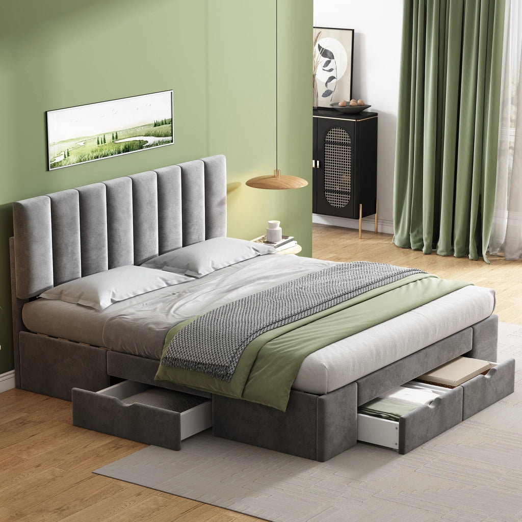 OKWISH Letto con Cassetti 160×200 cm, Letto Matrimoniale con 4 Cassetti, Testiera Regolabile e Rete, senza Materasso, Velluto, Grigio