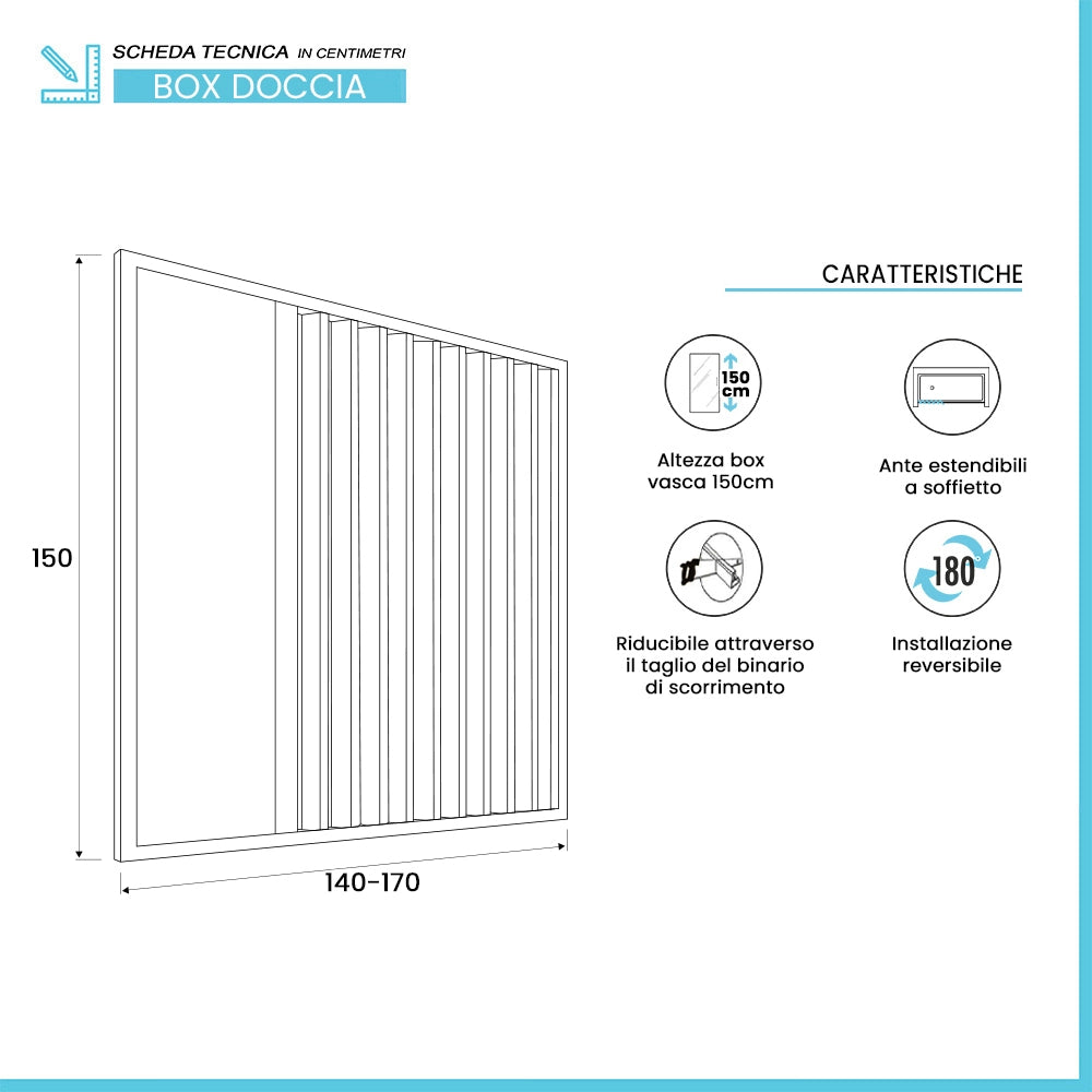 Box sopravasca a soffietto un lato 170 cm in PVC bianco riducibile e reversibile Teti