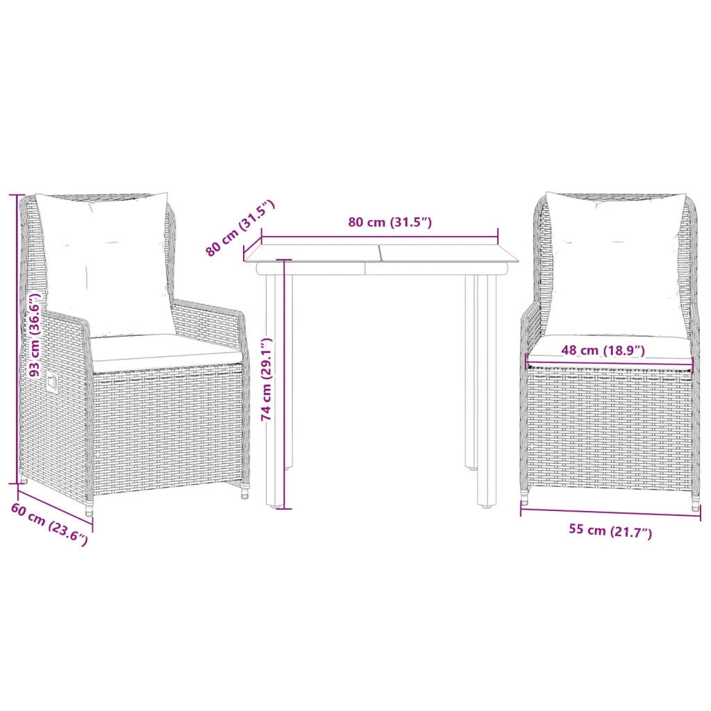 Set da Pranzo da Giardino 3 pz con Cuscini Nero in Polyrattan