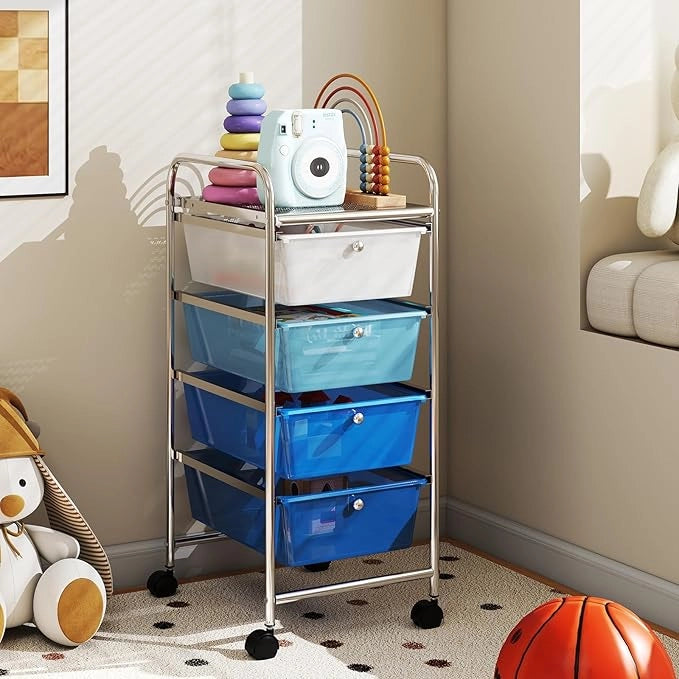 Carrello Portaoggetti con 4 Cassetti, Cassettiera Rimovibili in Plastica, Carrello di Stoccaggio con Ruote per Casa Bagno e Ufficio, 37x32x76 cm (Blu)