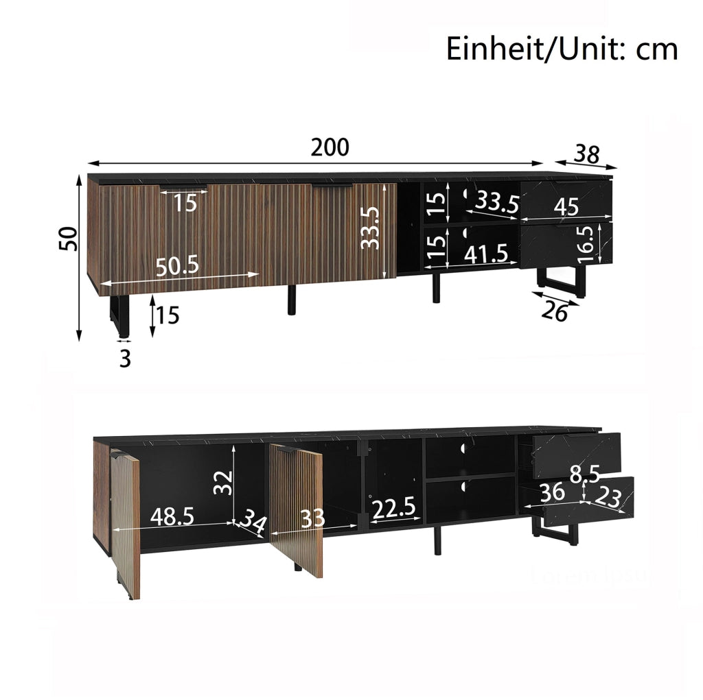 Mobile TV 200x38x50 cm; 2 ante e 2 cassetti con LED multicolore; MDF nero e legno