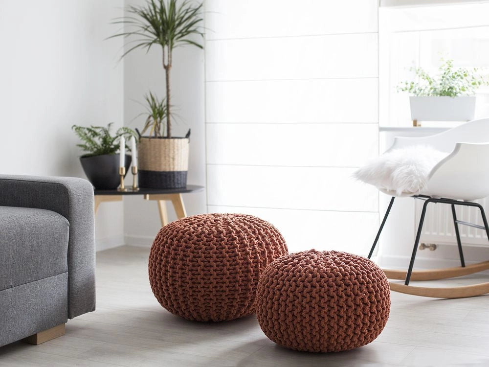 Pouf ottomana in cotone lavorato a maglia in rame perline EPS riempimento rotondo piccolo poggiapiedi 50 x 35 cm