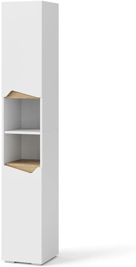 Armadio per il bagno Marelle, Bianco/Artisan, 30 x 180 cm con ante e vani a giorno, per la conservazione di articoli da bagno e asciugamani