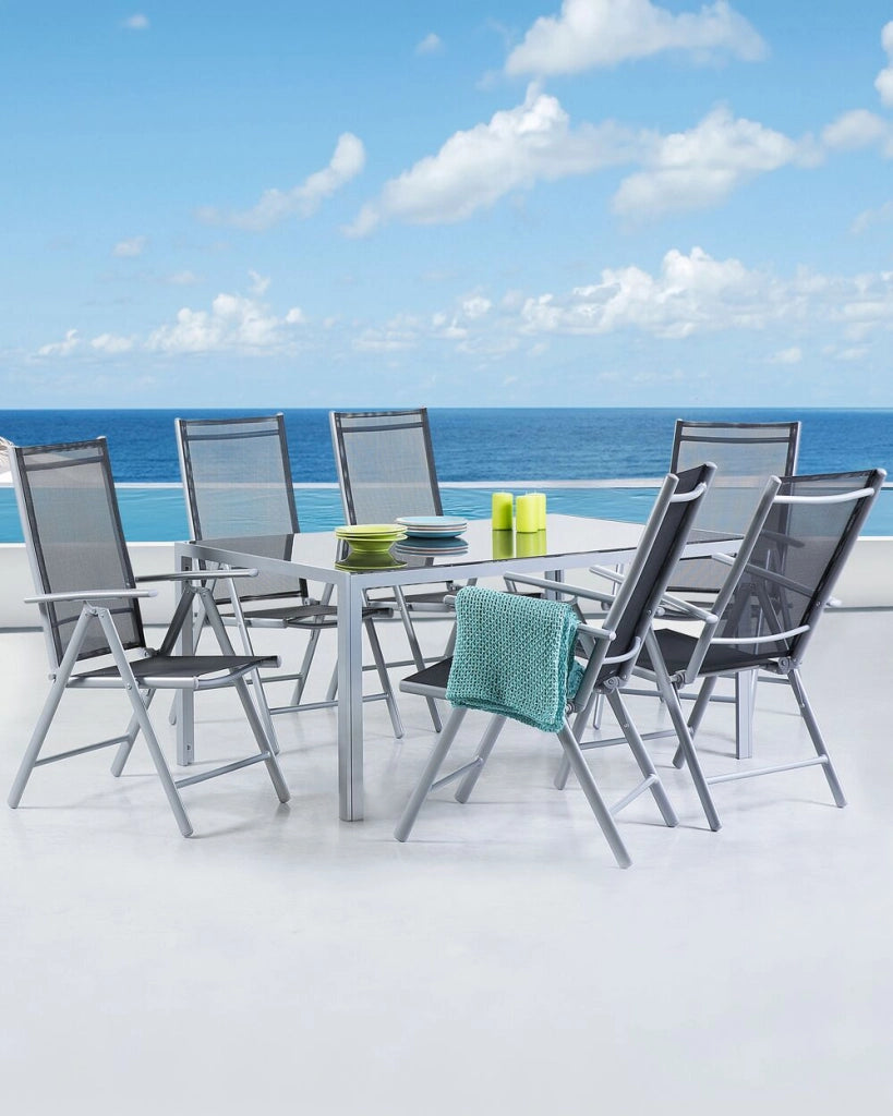 Set di 6 sedie da giardino in tessuto Nero argento struttura in alluminio pieghevole reclinabile
