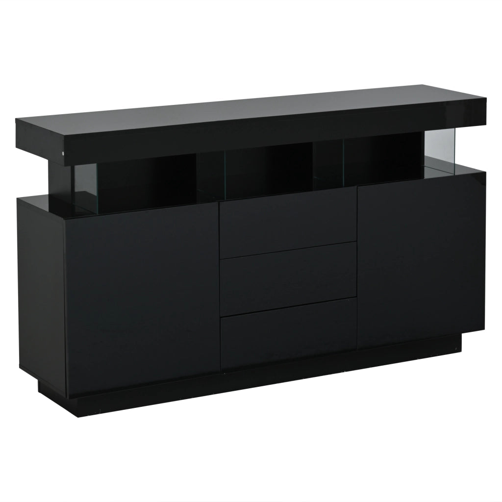 Sideboard moderno lucido nero 140 x 35 x 80 cm con LED, 3 cassetti e 2 vani contenitori