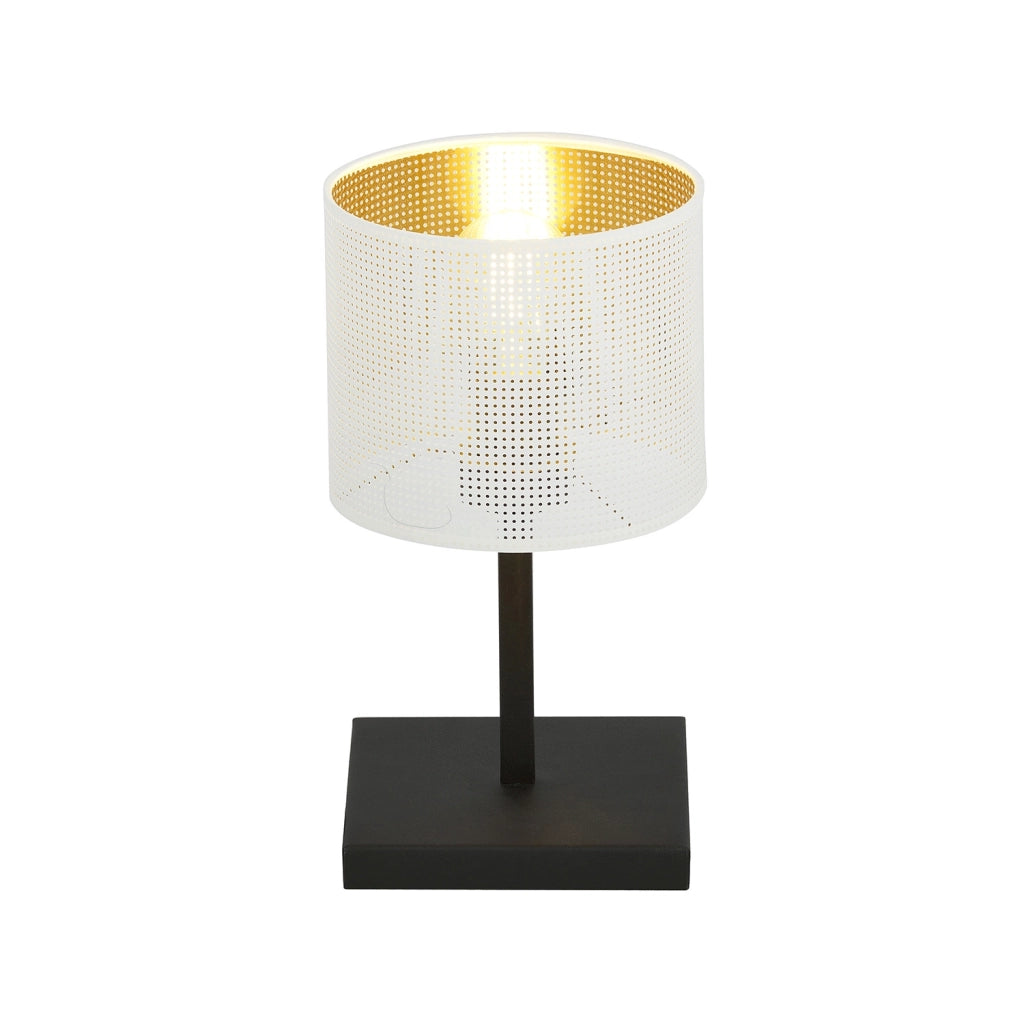 Lampada Da Tavolo 1 Luce Cigno In Acciaio Bianco E Paralume A Cilindro Oro