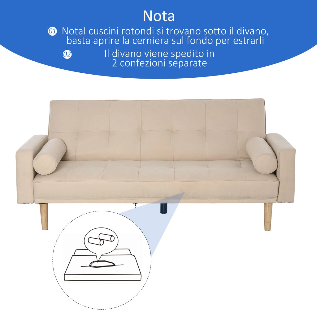 Divano Letto 3 Posti con Schienale Regolabile su 3 Livelli, 2 Cuscini e Braccioli Rimovibili, Beige, 185x84x85cm