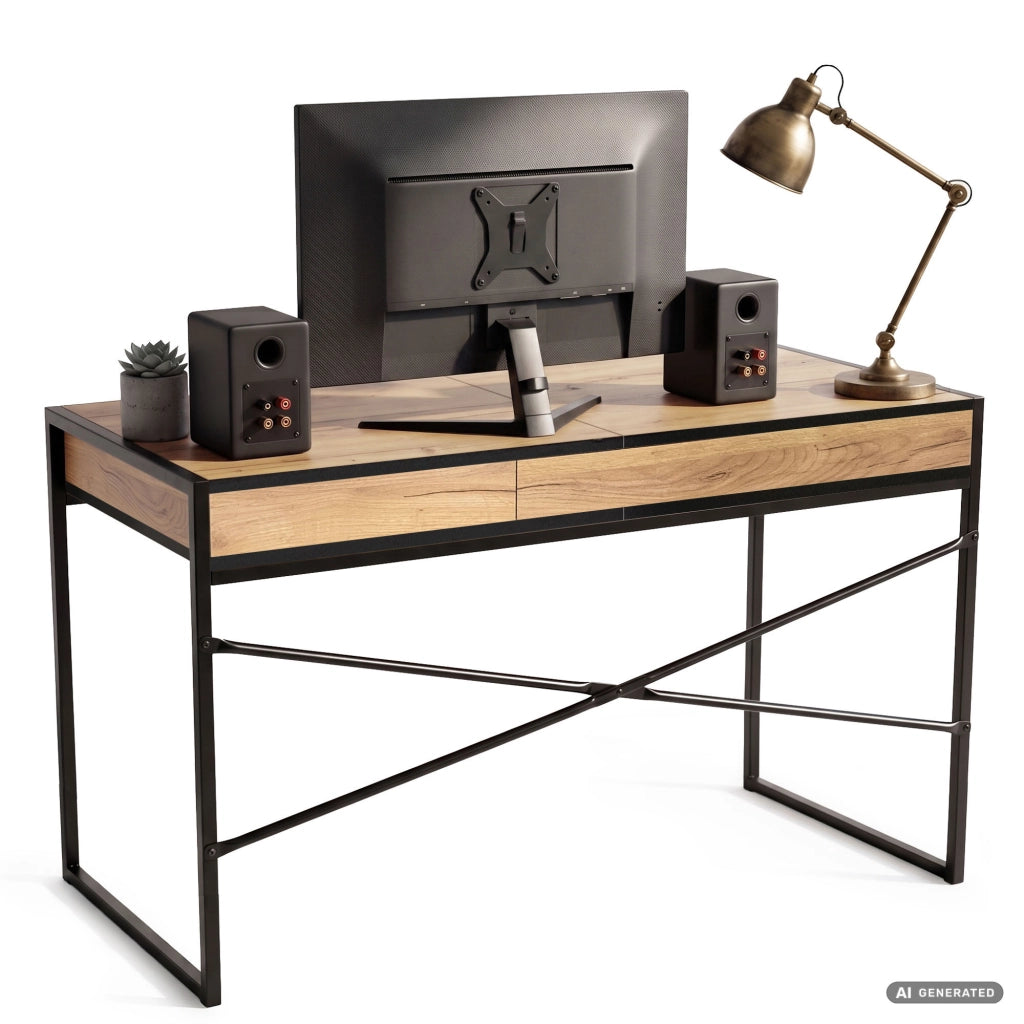 Scrivania industriale per computer Rovere Craft ELONIS 123 cm 2 cassetti 1 ripiano gambe nere