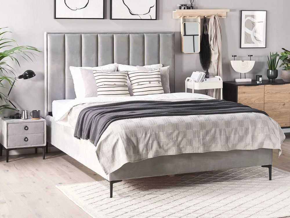 Letto in velluto grigio chiaro 180 x 200 cm con testata imbottita contenitore ottomana Gambe in metallo Nero