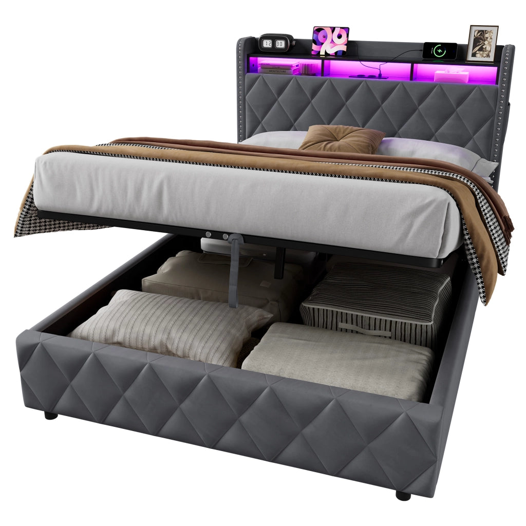 Letto matrimoniale imbottito contenitore grigio scuro 140x200 cm con LED e dock USB