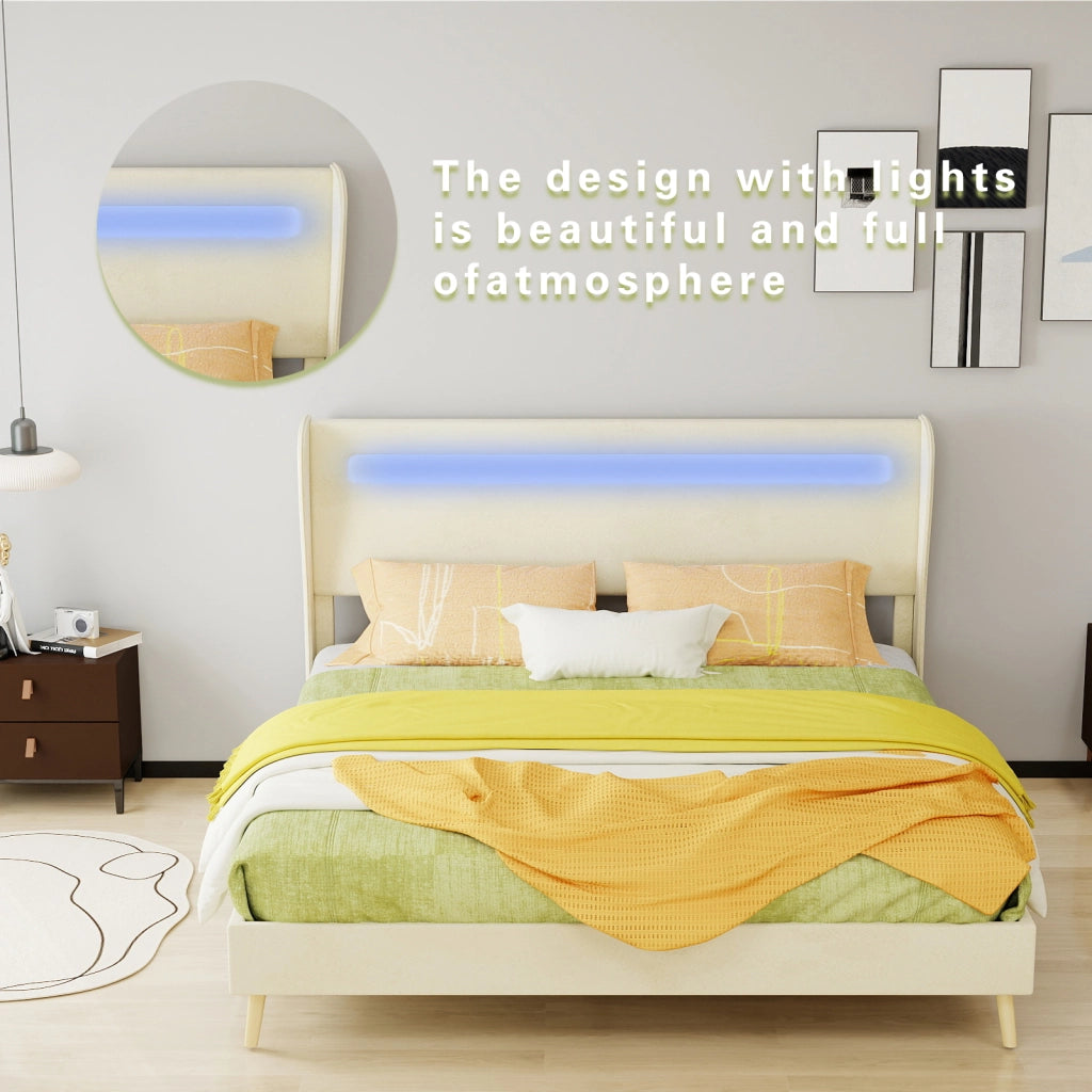 DESMIU Lit simple 160 × 200 cm con LED regolabile e schienale regolabile, senza materasso, in tessuto, beige
