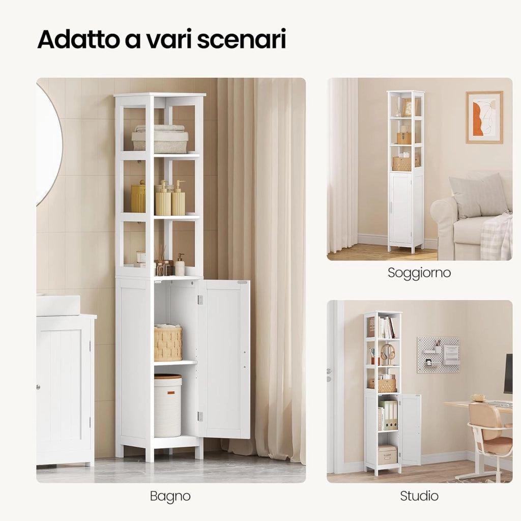 Mobile Alto da Bagno, Mobiletto da Bagno, con 3 Scomparti Aperti, 30x30x163 cm, Portaoggetti, Mobiletto Salvaspazio Stretto, per Bagno, Soggiorno, Studio e Ufficio, Bianco 002WDG