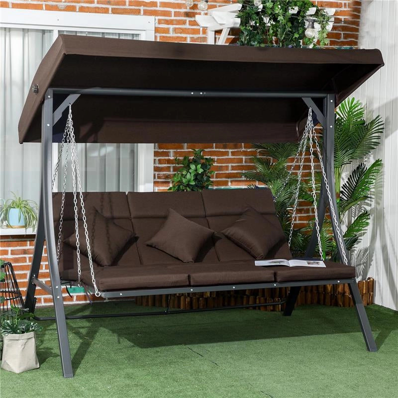 DONDOLO DA GIARDINO 3 POSTI CON CUSCINI SEDUTA CHAISE LONGUE E TETTUCCIO 198X118X168 CM MARRONE