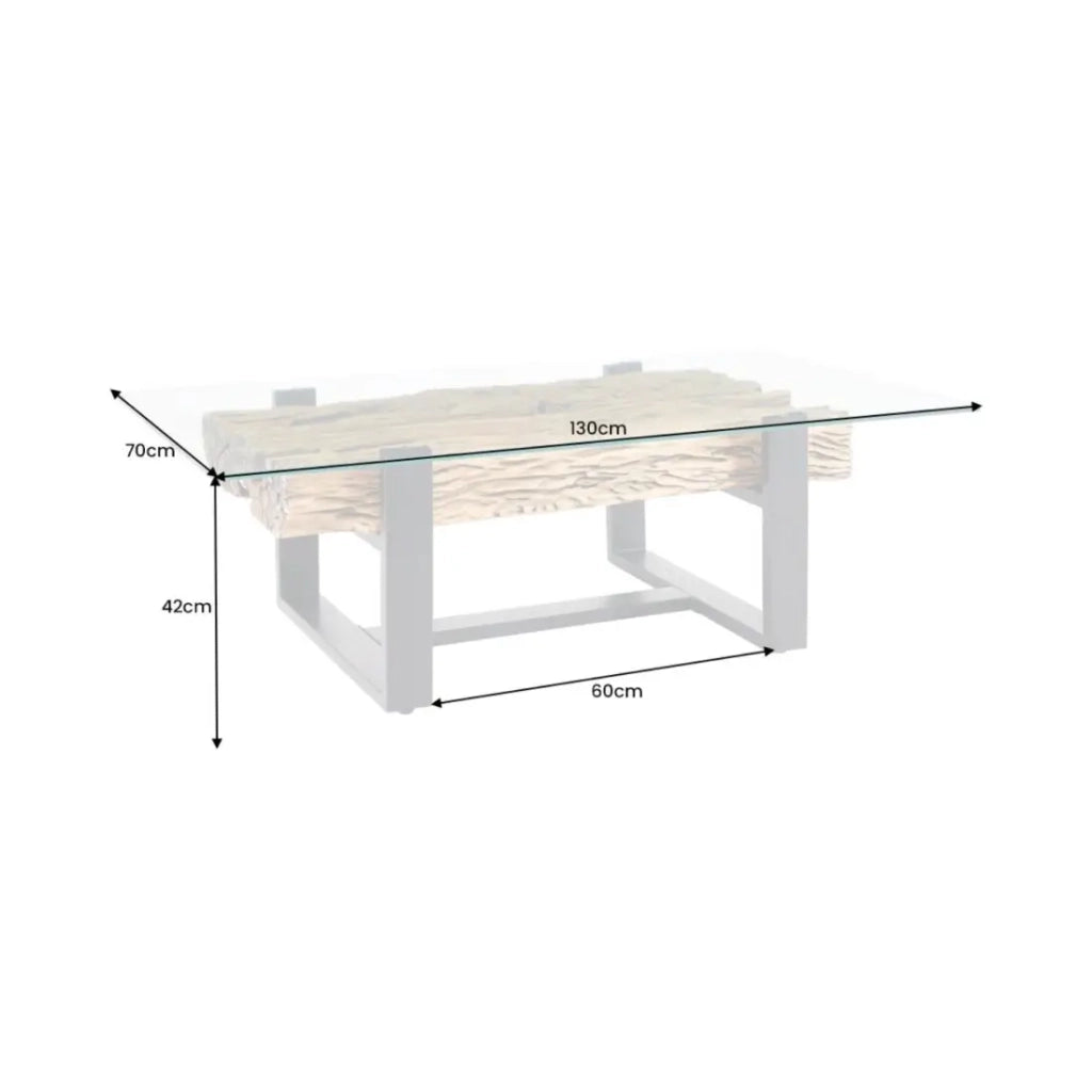 Tavolino basso RAFTA 130 cm in teak riciclato con vetro temperato – Gambe in metallo nero a U