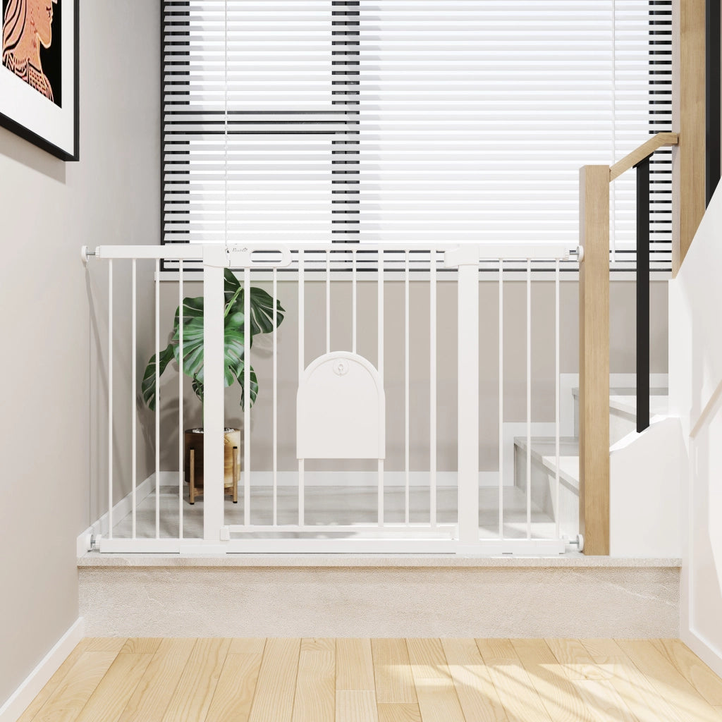 Barriera estensibile a forbice con doppio sistema di bloccaggio e porta pedonale in ABS bianco 131 × 76 cm