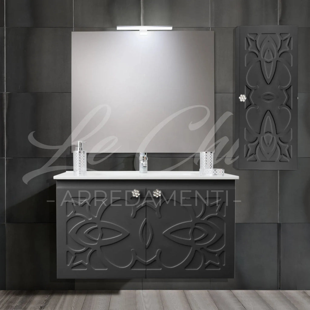 Mobile bagno nero sospeso stile Luxury con colonna - 120 cm, Rettangolare con applique