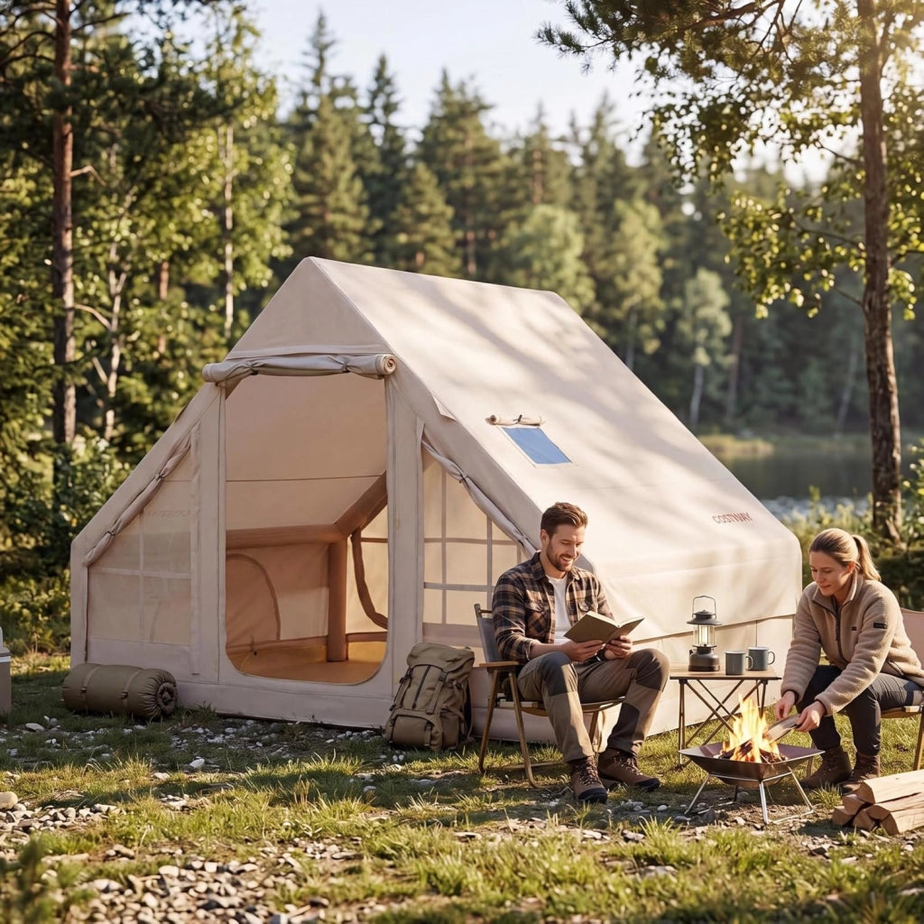 Tenda da Campeggio Gonfiabile, Tenda da Esterno in Tessuto Oxford Impermeabile con Porte, Finestre, Apertura del Camino, Pompa e Borsa da Trasport per 4 Persone, per Viaggi e Escursionie