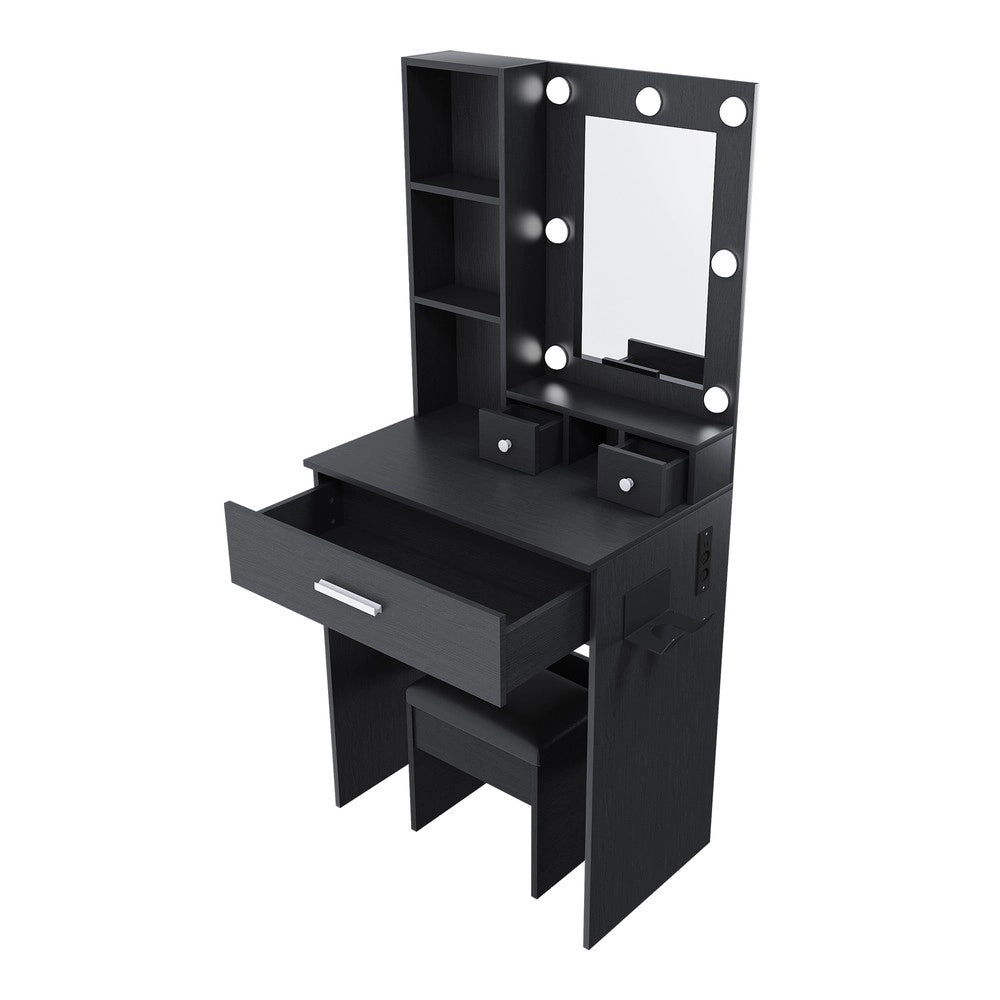 Tavolo Trucco con Specchio, LED, Cassetti e Sgabello Imbottito ¨C Xylo ¨C Nero, 60x38x131.5 cm