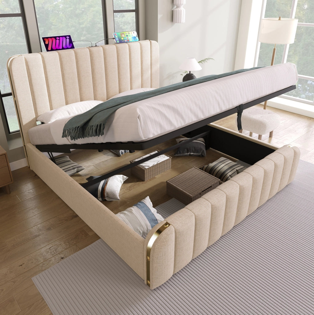 Letto contenitore 140x200 cm in lino beige con USB e Type-C, sollevamento idraulico –