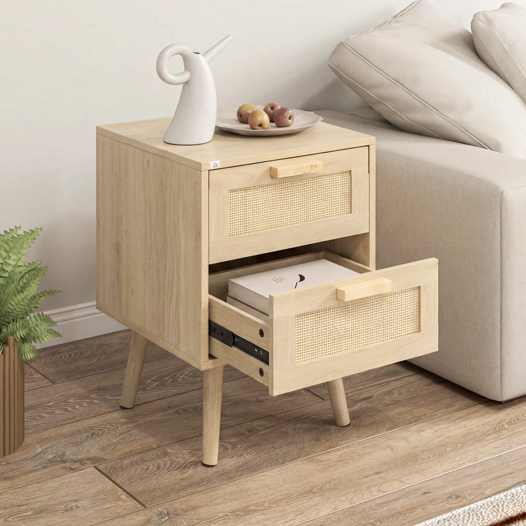 Comodino Boho in Legno Naturale ¨C Xylo ¨C 2 Cassetti, 40x40x56cm