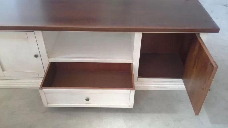 Porta tv 4 cassetti shabby bianco anticato e noce 120x50x53 - Mobili 2G