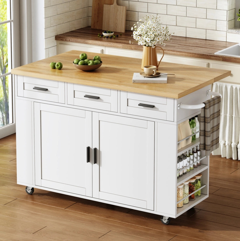 Isola da cucina con piano ribaltabile 120x45(70)x84 cm in MDF natural e bianco
