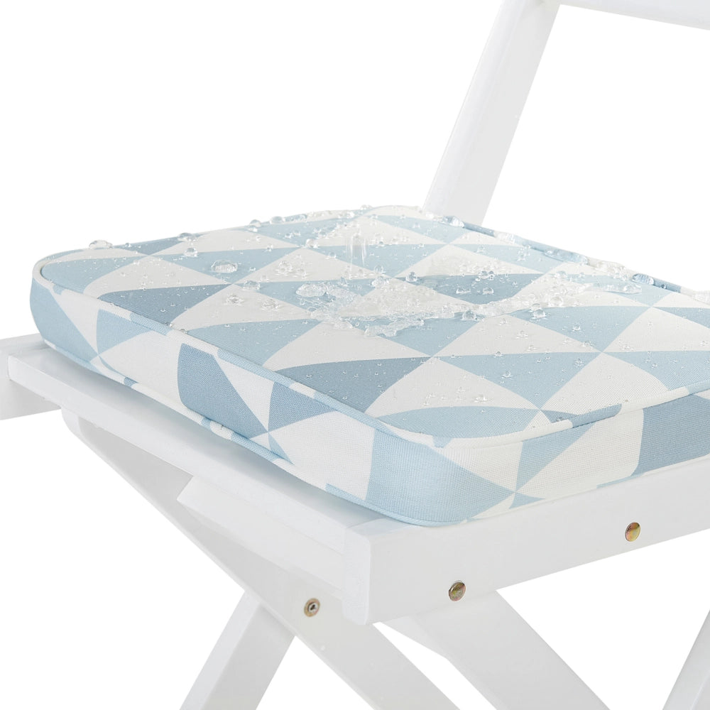 Set da bistrot 3 pezzi in legno massello di acacia bianco cuscini blu a doghe pieghevoli design scandinavo moderno
