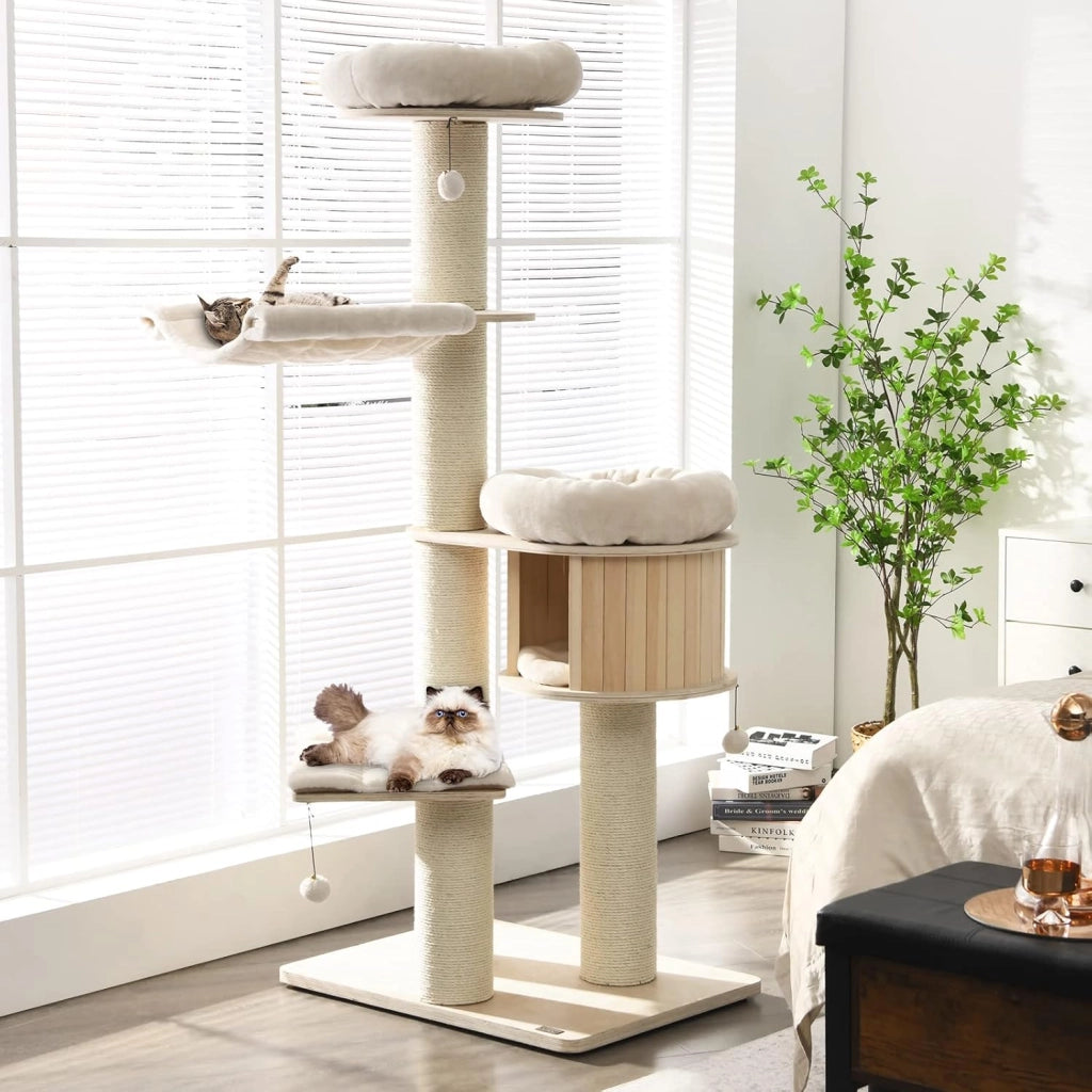 Albero per Gatti in Legno Massiccio da 174 CM, Torre per Gatti a 4 Livelli con Pali Sisal, Nicchia per Gatti, Trespoli, Amaca, Palline, Albero Tiragraffi per Gattini e Gatti Adulti