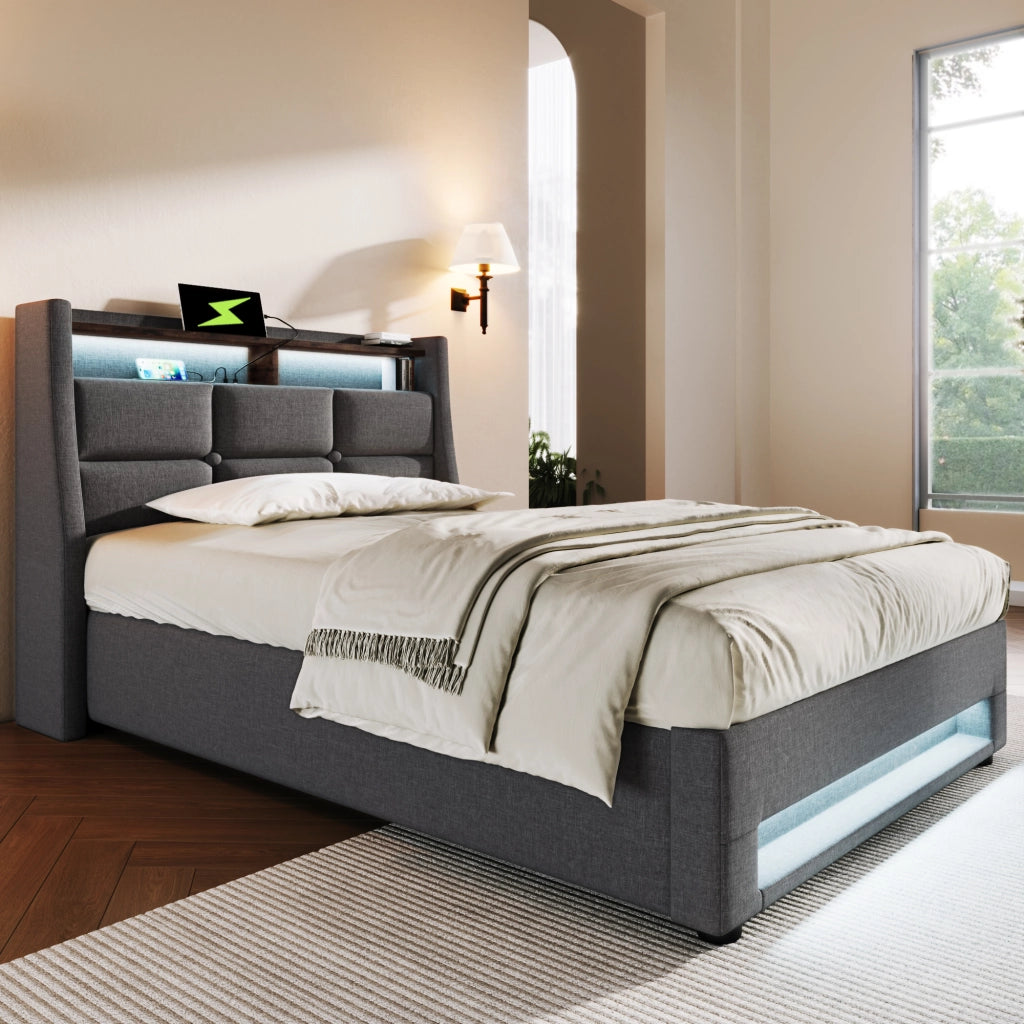 Letto singolo imbottito – 90x200 cm – LED rete metallica – lino grigio