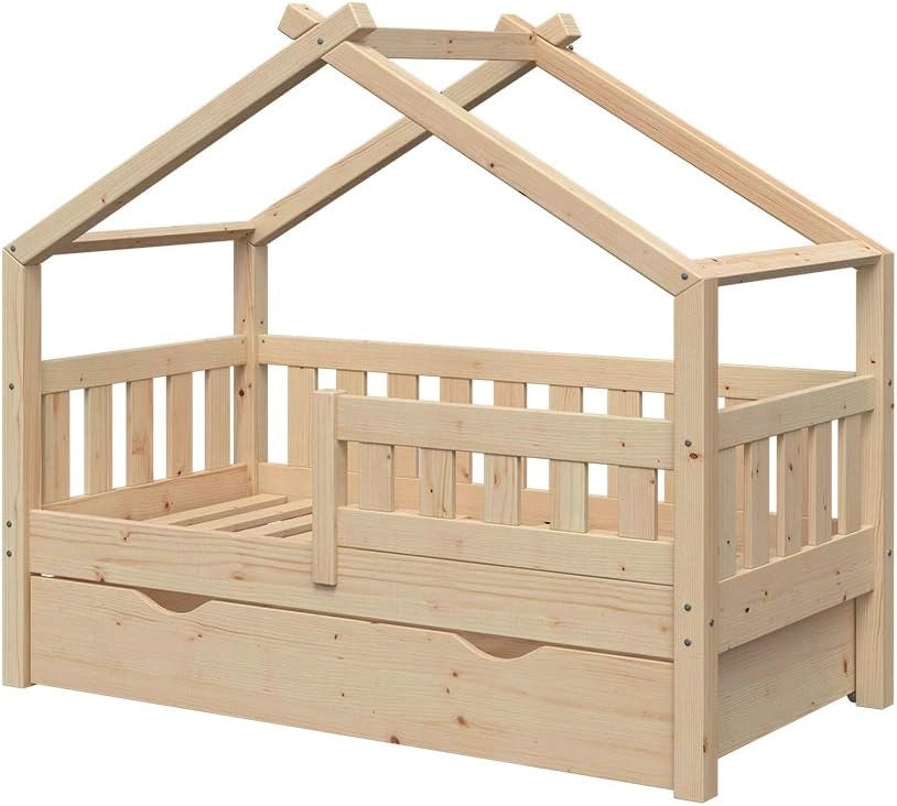 Letto montessori bambini Design, Legno naturale, 70x140 cm con cassetto, adatto per materassi fino a 10 cm di altezza, montaggio semplice