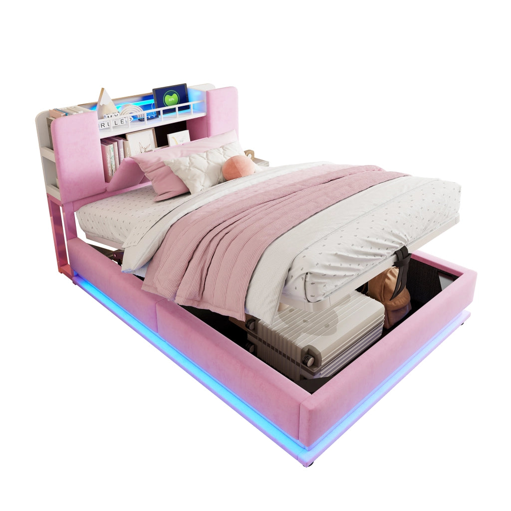 Letto imbottito per bambini 90x200 cm con LED, USB e contenitore, velluto rosa