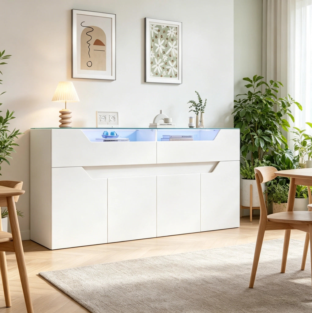 Credenza bianca 140x40x70 cm in MDF con piano in vetro e LED