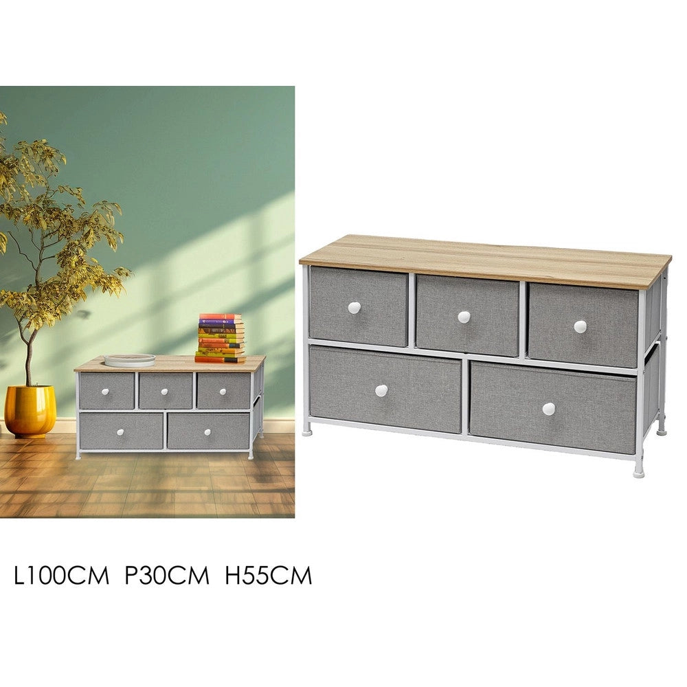 Trade Shop - Mobiletto Cassettiera Multiuso Salvaspazio 5 Cassetti In Metallo Legno Naturale Tnt Grigio -